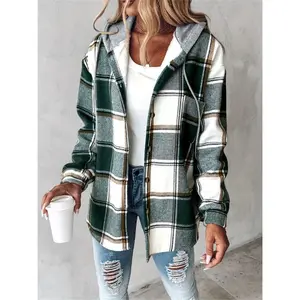 [Plaid Shacket] Warm Plaid Long Sleeve Shacket - Button Fleece Lined Hooded Jackets Coat Fabric Womenswear