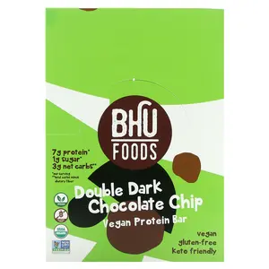 BHU Foods Vegan Protein Bar, Double Dark Chocolate Chip, 12 Bars, 1.6 oz (45 g) Each