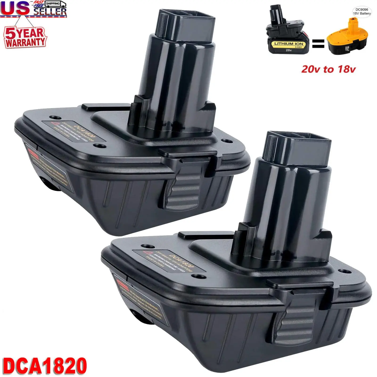 2PACK 18V to 20V Battery Adapter Replacement for DCA1820, Compatible with Dewalt 20V Max Lithium Battery DCB200 DCB206 to 18V XRP NiCad NiMh Batteries DC9096 Tools
