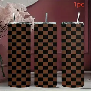 1pc 17oz/17.5oz/20oz/22oz/26oz/30oz/30.5oz/32oz/33oz/40oz Stainless Steel Water ,  Double-Wall Vacuum  Insulated Cold Cup for Coffee & Tea,  Brown Plaid Design， Outdoor Travel Tumbler , Easter Gifts for Fans, Cute Water Bottle, Stainless Steel Drinkware