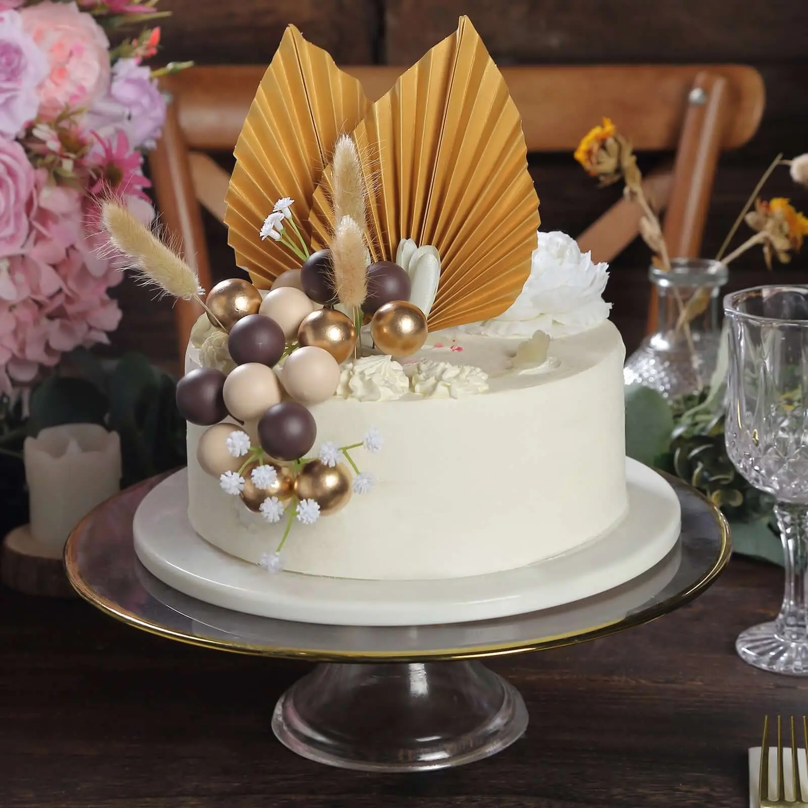 25-Pack Cake Toppers Assorted Gold Boho Style Palm Leaf and Flower Ball Design - Coffee Ball Cake Decoration Set, Boho Theme, Bohemian, Cake Decorating, Cake & Cupcake Toppers