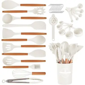 34-Piece Non-Stick Silicone Kitchen Utensils Set with Holder, Wooden Handle Spatula, Spoon, Brush, Whisk - Kitchen Gadgets Tools for Nonstick Cookware (Cream White)
