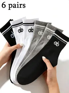 6 Pairs Unisex Solid Color Striped Letter Mid-Calf Socks, Soft Breathable Comfort, Casual Wear for Daily Use, Business, Sports, Travel