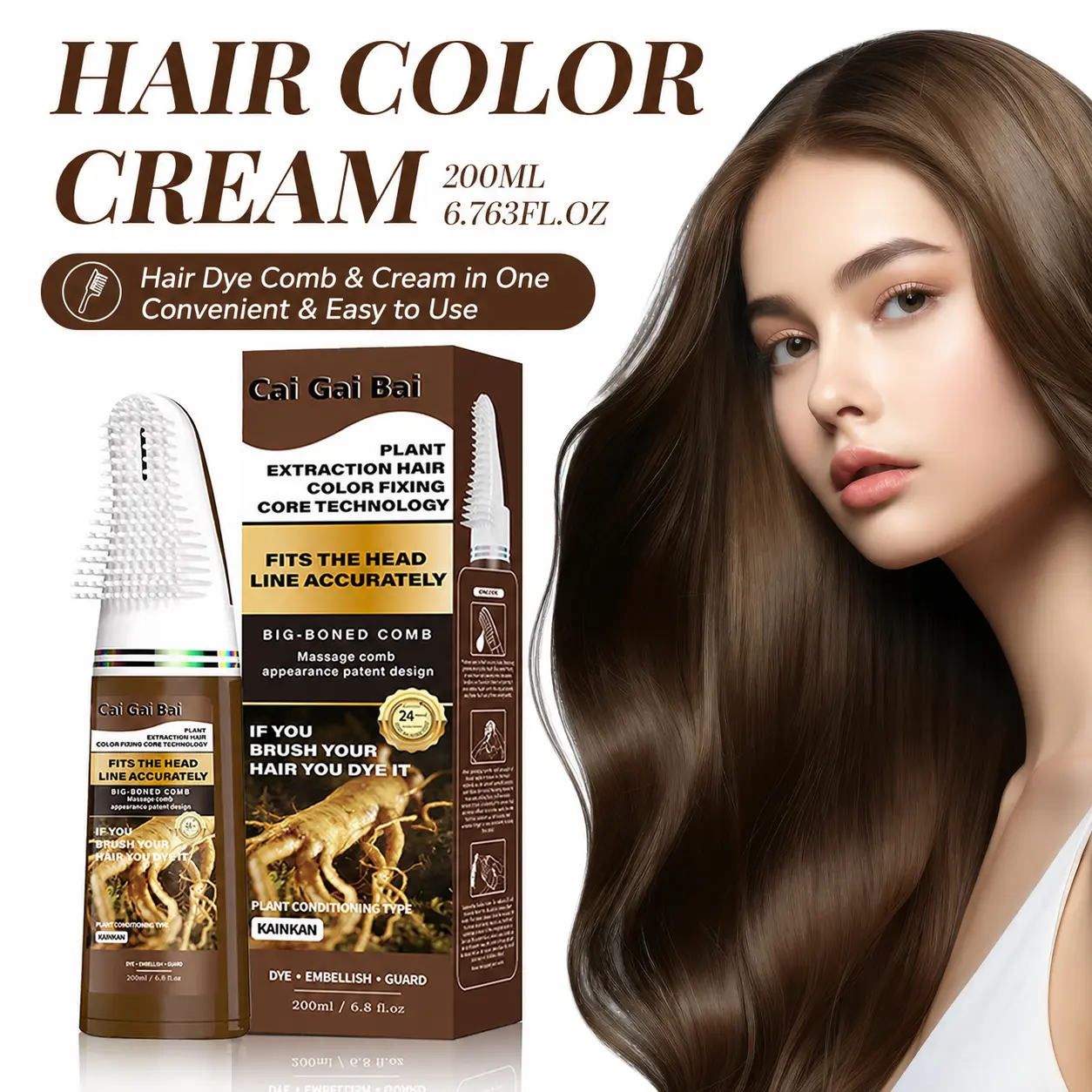 3-in-1 Hair Dye Shampoo Comb with Gentle Plant-Based Formula, Semi-Permanent Colored Hair Kit for Fast At-Home Coloring, 200ml - Black, Brown, Red