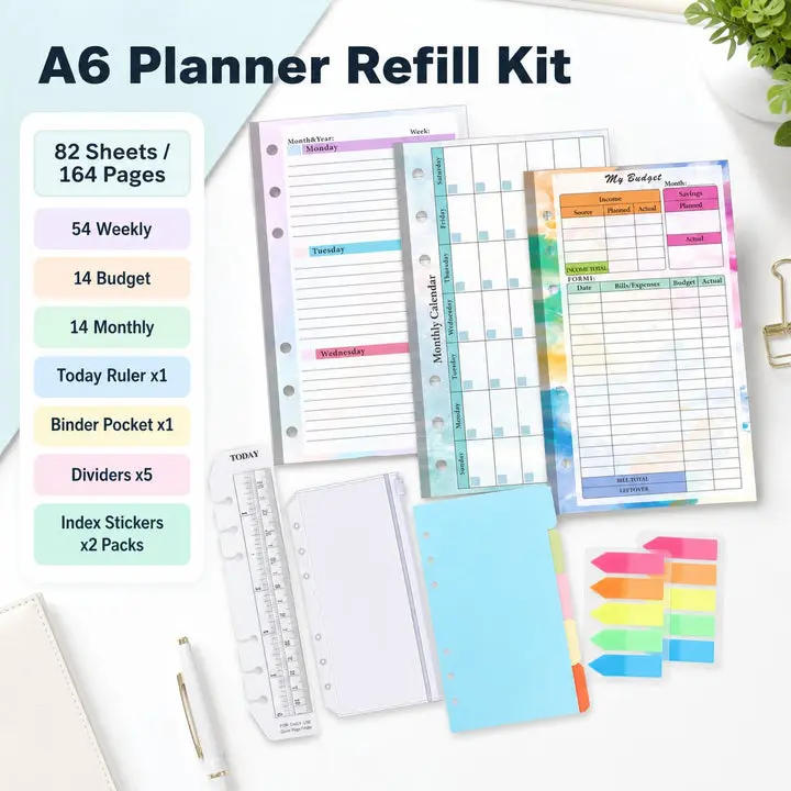 A6 6-Ring Office Planner Refill Kit - Office Stationery Accessory for Organization, Ring Binder Notebooks, Sticker Set Notebooks with 14 Budget Tracker Sheets for Budgeting, Three Ring Binder System Notebooks