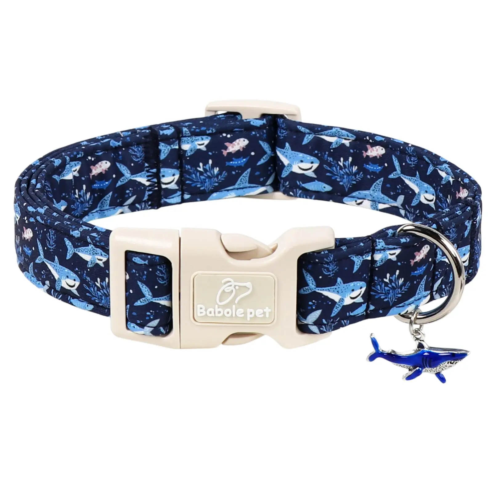Blue Shark Dog Collar – Cute Summer Ocean Pattern for Boy & Girl Puppies, Small Dogs, Durable Adjustable Pet Collar with Quick-Release Buckle, Sizes XS Available