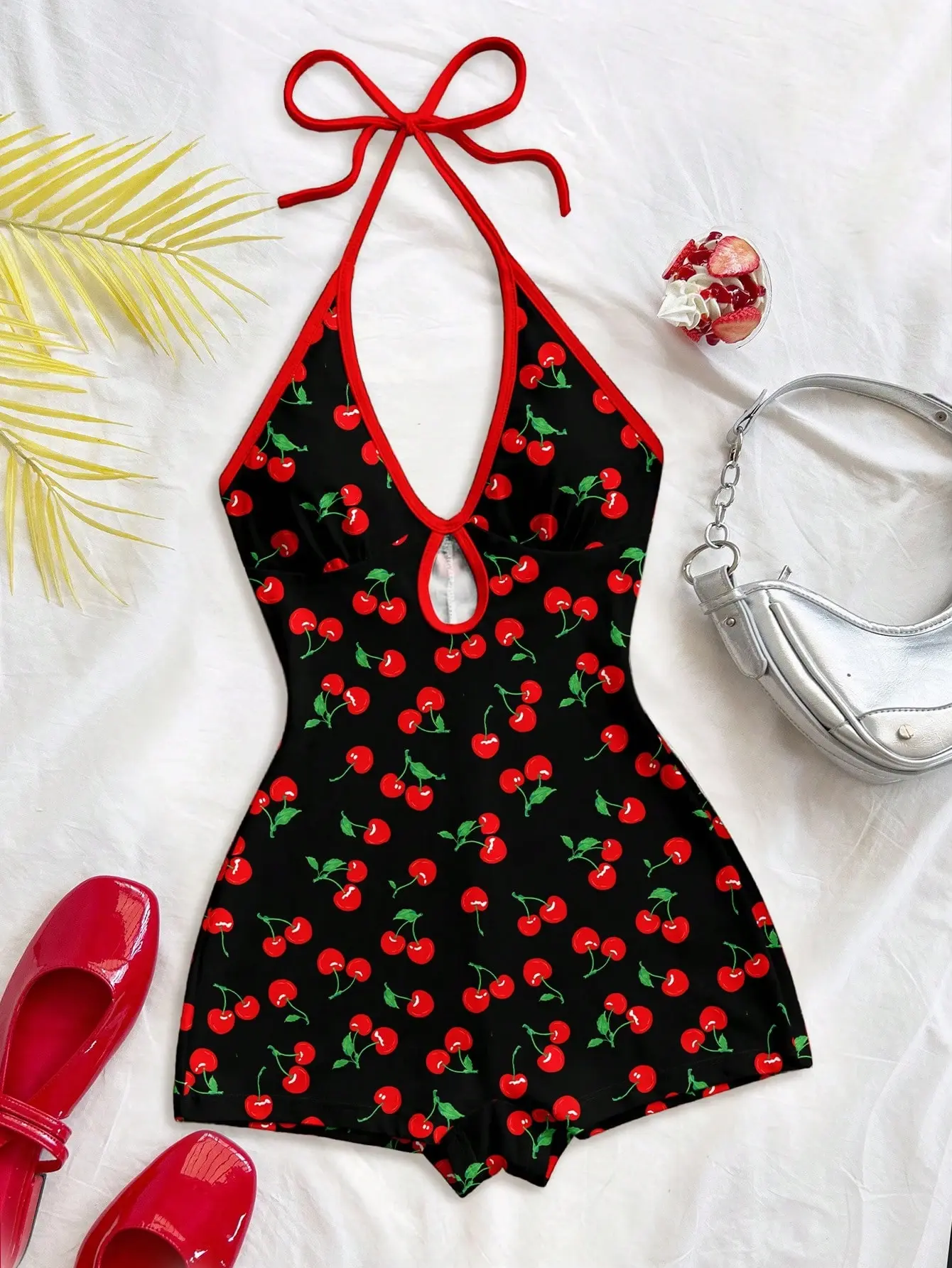 LALUZ Casual Minimalist Vacation Style Retro Colorblock Red Cherry Full Print Jumpsuit Spring Summer