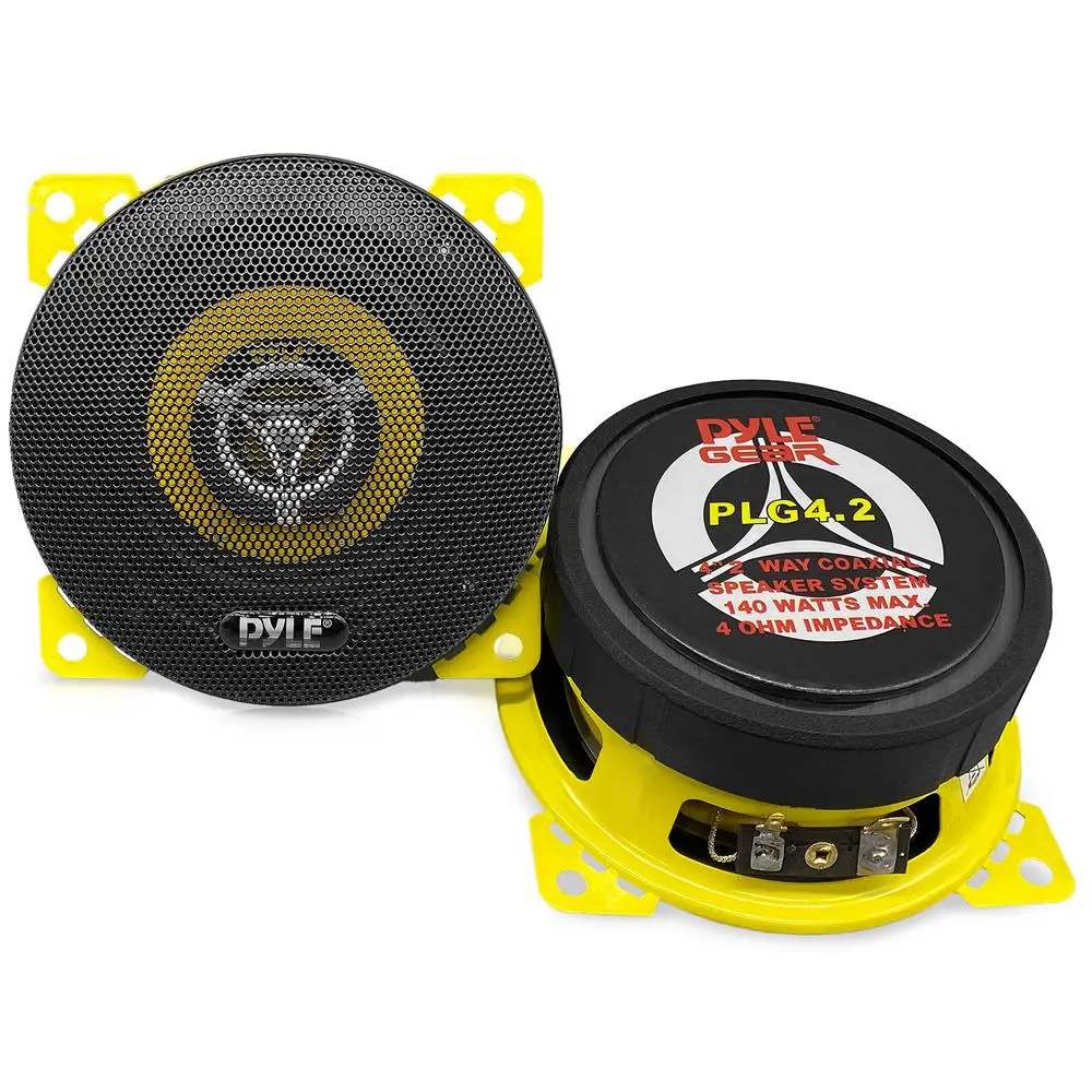 140W Car Speaker Pair | 4" 2-Way Coaxial Speakers with Yellow Poly Cone, Butyl Rubber Surround & Built-in Tweeter - Includes Grills, Wiring & Installation Hardware – Universal Fit Automotive Stereo Speaker System