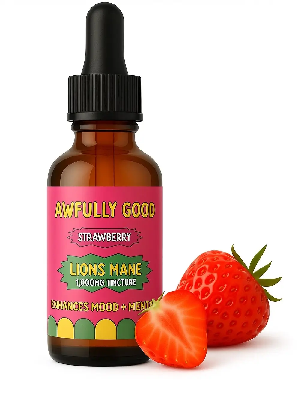 Awfully Good Organic Lion's Mane Tincture - 1000mg Lactose-Free Dietary Liquid Herbal Supplement Drops with Fruit Extracts, for Focus, Mental Clarity