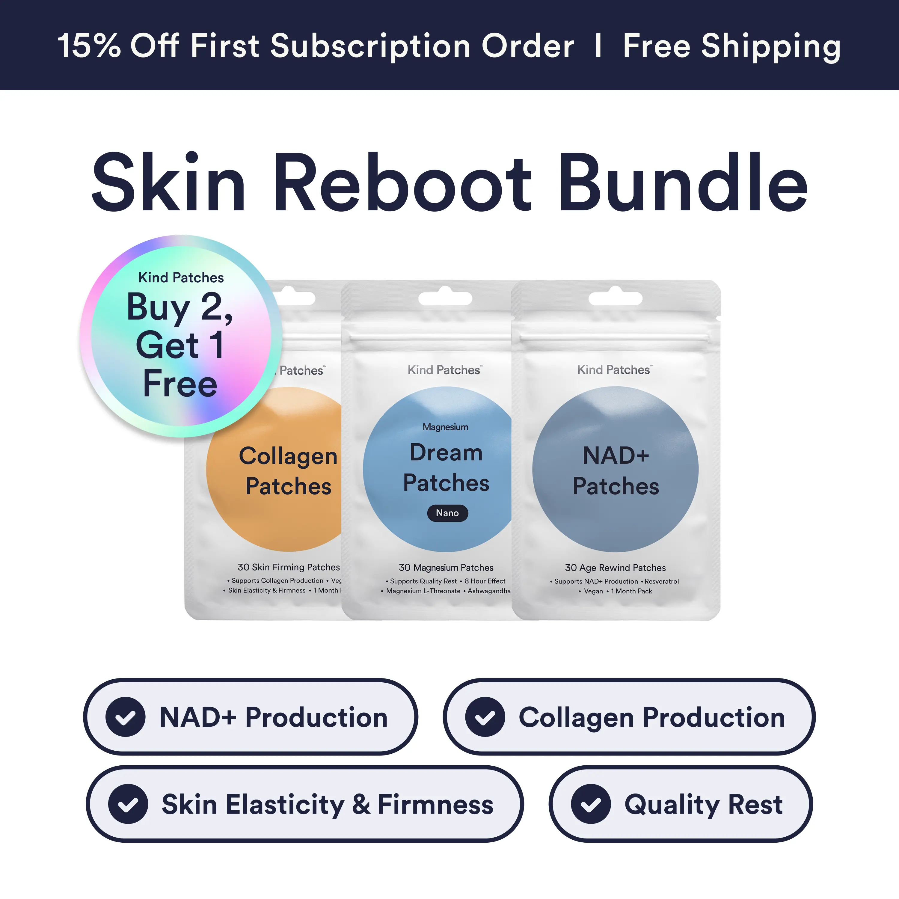 Kind Patches Skin Reboot Bundle, NAD+ Collagen + Melatonin Dream Patches Extra Strong, Healthy Aging, Supports Overall Skin Wellness, 3 Months Supply