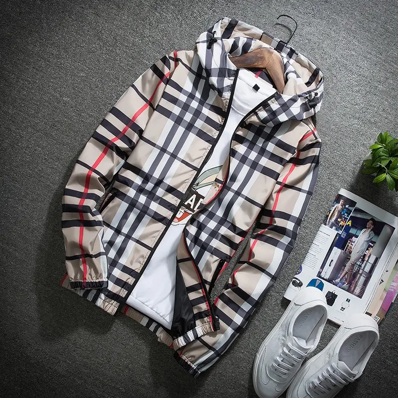 Men’s lightweight hooded jacket (with a stand collar option), zip-up windbreaker featuring adjustable drawstring and color-block stripe design, spring/autumn fashion style, men’s jacket, men’s outerwear, stylish khaki plaid pattern