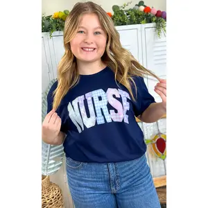 Tees2urdoor Fitted Women's Short-Sleeve Round Neck Cotton Nurse-Themed Print Patchwork T-Shirt - Breathable Comfortable Garment, Everyday Casual Streetwear Nurse-Themed Women's T-Shirt (Pairs with Jackets, Jeans)