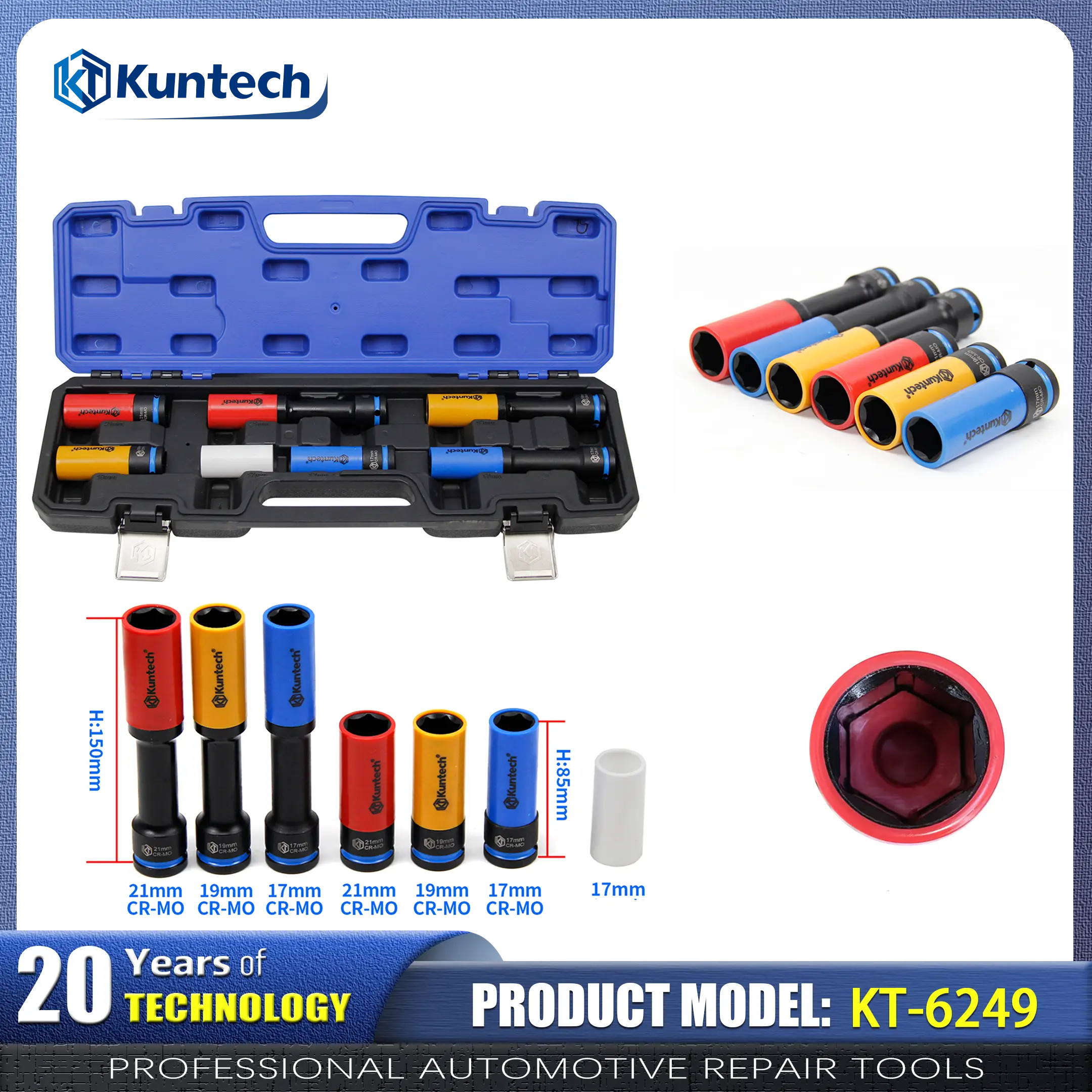 Kuntech KT-6249 7Pcs 1/2 Inch Drive Extended Wheel Impact Socket Set with 17mm Size, CR-MO (Chromium-Molybdenum) Steel Anti-Scratch Lug Nut Sockets, Heavy-Duty for Pneumatic Wrenches, Alloy Wheel Tire Disassembly, Auto Repair Workshops & Car Enthusiasts