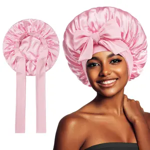 Cikana Hair New Women Satin Solid Sleeping Hat with Stretchy Tie Band Elastic Night Shower Cap Adjustable Hair Head Cover Bonnet turban