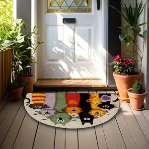 Half Round Humorous Design Cartoon Cat Mat, Colorful Polyester Non-Slip Indoor Outdoor Rug, Effective Dirt Trapper for Entryway Hallway Garden Kitchen, Durable Gift for Cat Lovers