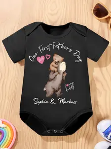Personalized "Our First Father's Day 2026" Bear Short Sleeve Cotton Baby Bodysuit, Custom Name Infant Romper