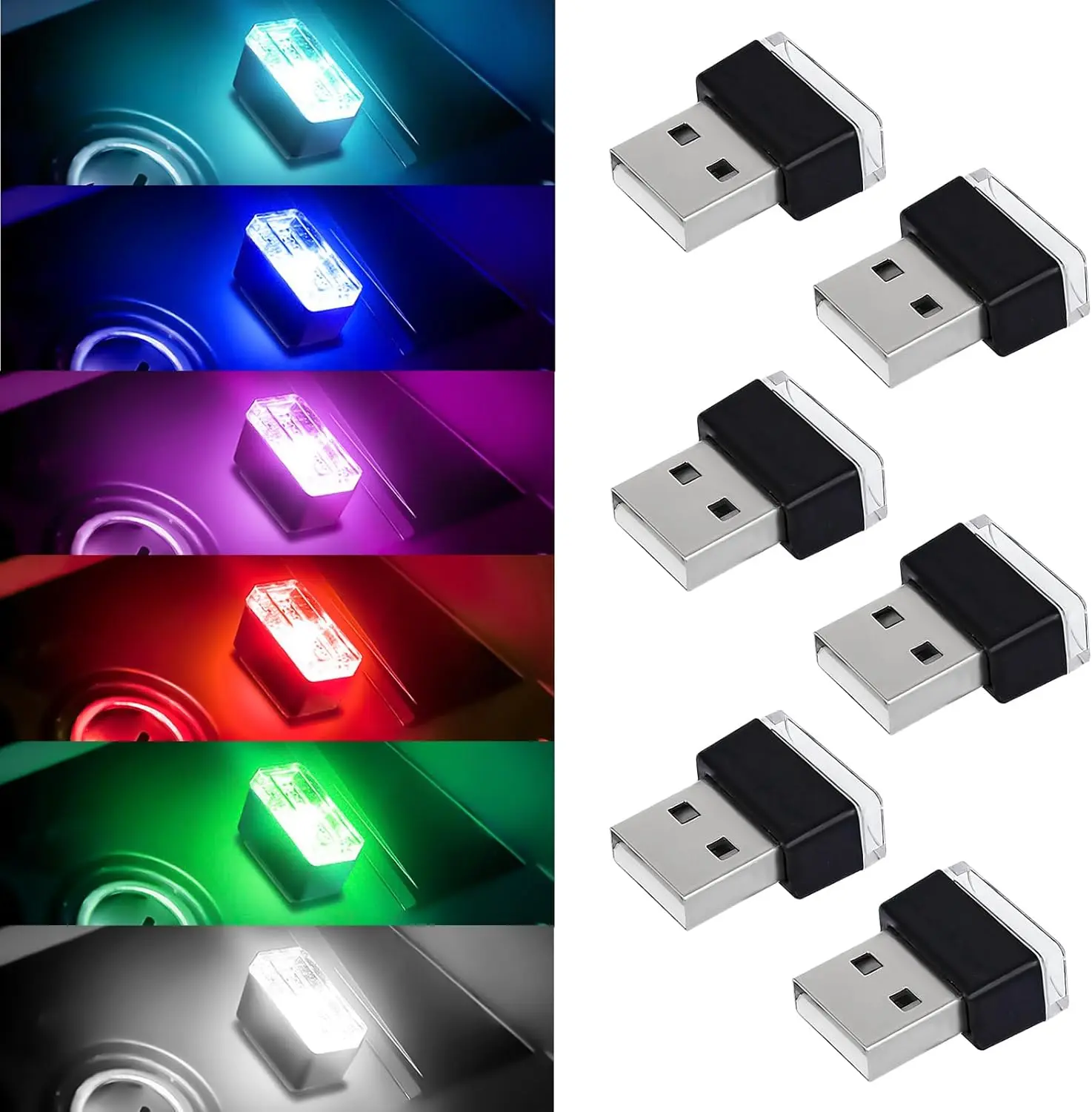 6-Count High-Quality USB-Powered LED Car Interior Ambient Lighting Kit, Portable Mini Plug-In Nightlight with 6 Colors, 4 Ambient Lights, Energy-Efficient Universal Auto Decorations