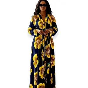 Yellow Floral Front Opened Abaya - Long Sleeve Maxi Dress with Elegant Floral Design for Women