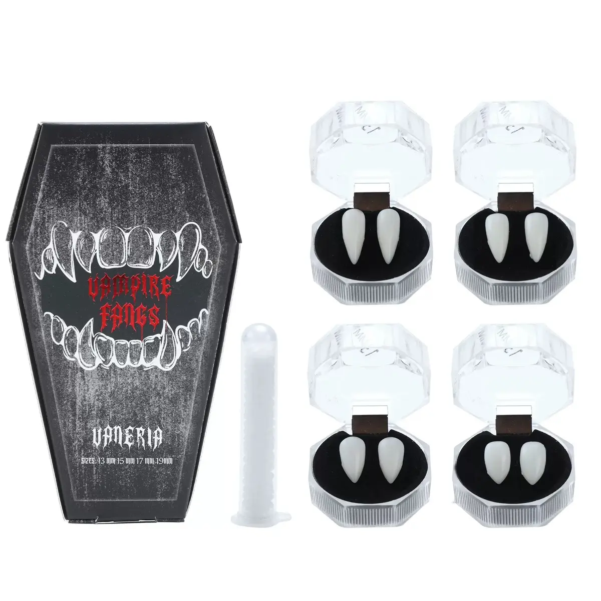 Halloween Vampire Denture Set, 4-Size Zombie Sharp Teeth, Cosplay Props for Party Costume Fangs