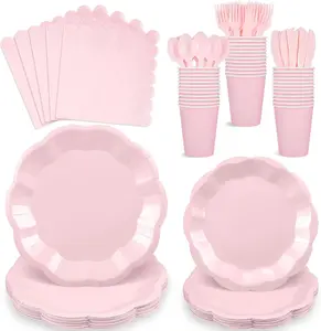 Thick Scalloped Edge Disposable Tableware Set, 175 Pcs Pink Paper Plates, Napkins, Cups, Forks & Spoons (9" Dinner, 7" Dessert) for 25 Guests, Ideal for Wedding, Baby Shower