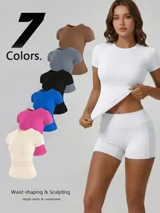 Women's Sporty Short Sleeve T-Shirt, Soft Seamless Yoga Top, Comfortable Gym Shirt, Fashion Fitness Apparel for Active Lifestyle, Tummy Compression Shirts