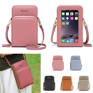 Multi-layered pockets Touch screen Crossbody Bag, Solid Color Triple Compartment Wallet On String, PU leather Phone bag