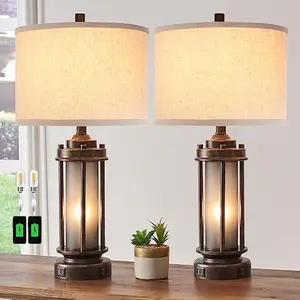 Set of 2 Farmhouse Lamps for Living Room, Rustic Vintage Bedroom Nightstand Table Lamp with 2 USB Charging Ports, Built-In Frosted Glass Night Light for End Table Entryway, 4 Bulbs Included (Bronze)
