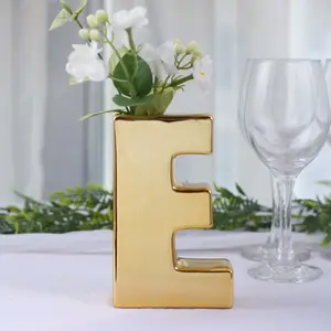 Ceramic Letter "E" Vase Shiny Gold Plated 6" - Stylish Bud Planter Pot for Table Centerpieces