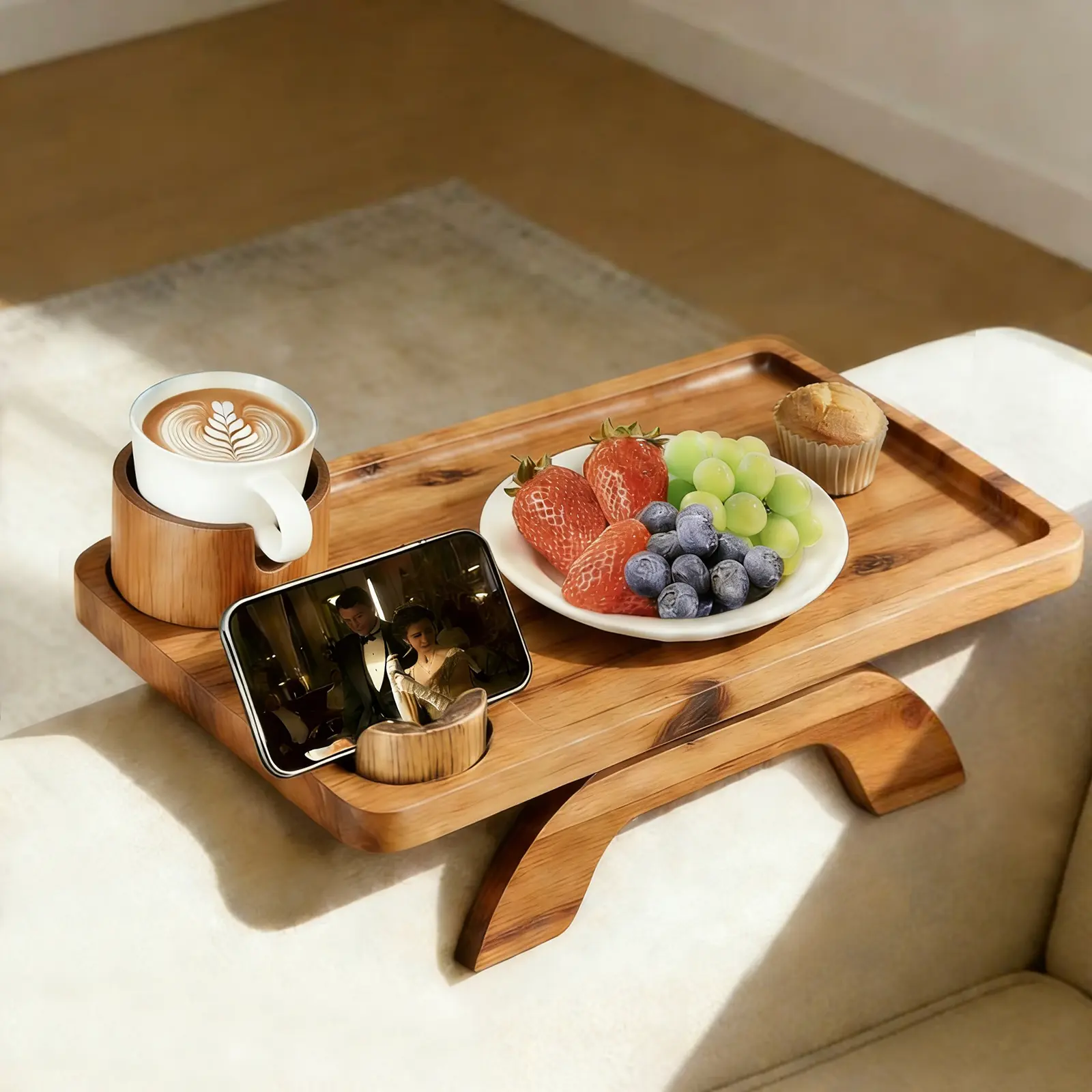 Acacia Wood Sofa Armrest Tray, Clip-On Space-Saving Design with Cup Holder, 360° Rotating Phone Holder, Anti-Slip Pads, Easy Installation for Daily Use