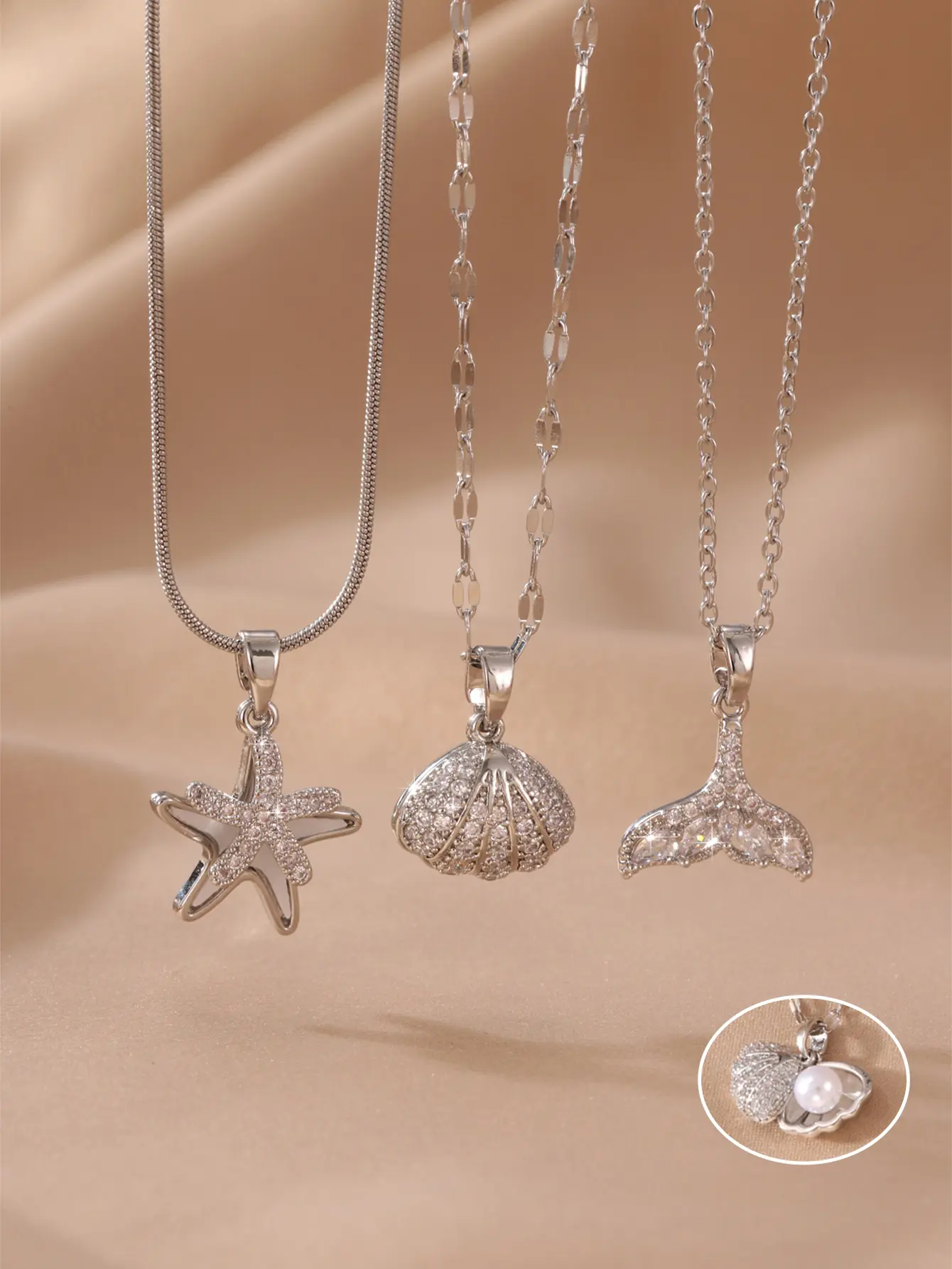 Women's Exquisite Silver Starfish Seashell Pendant Necklace - 3 Styles, Sparkling Crystal Accents, Beach Charm, Bling, Coastal Boho Coastal Accessory for Beach Outings, Beach Charm Necklaces, Bling Necklaces