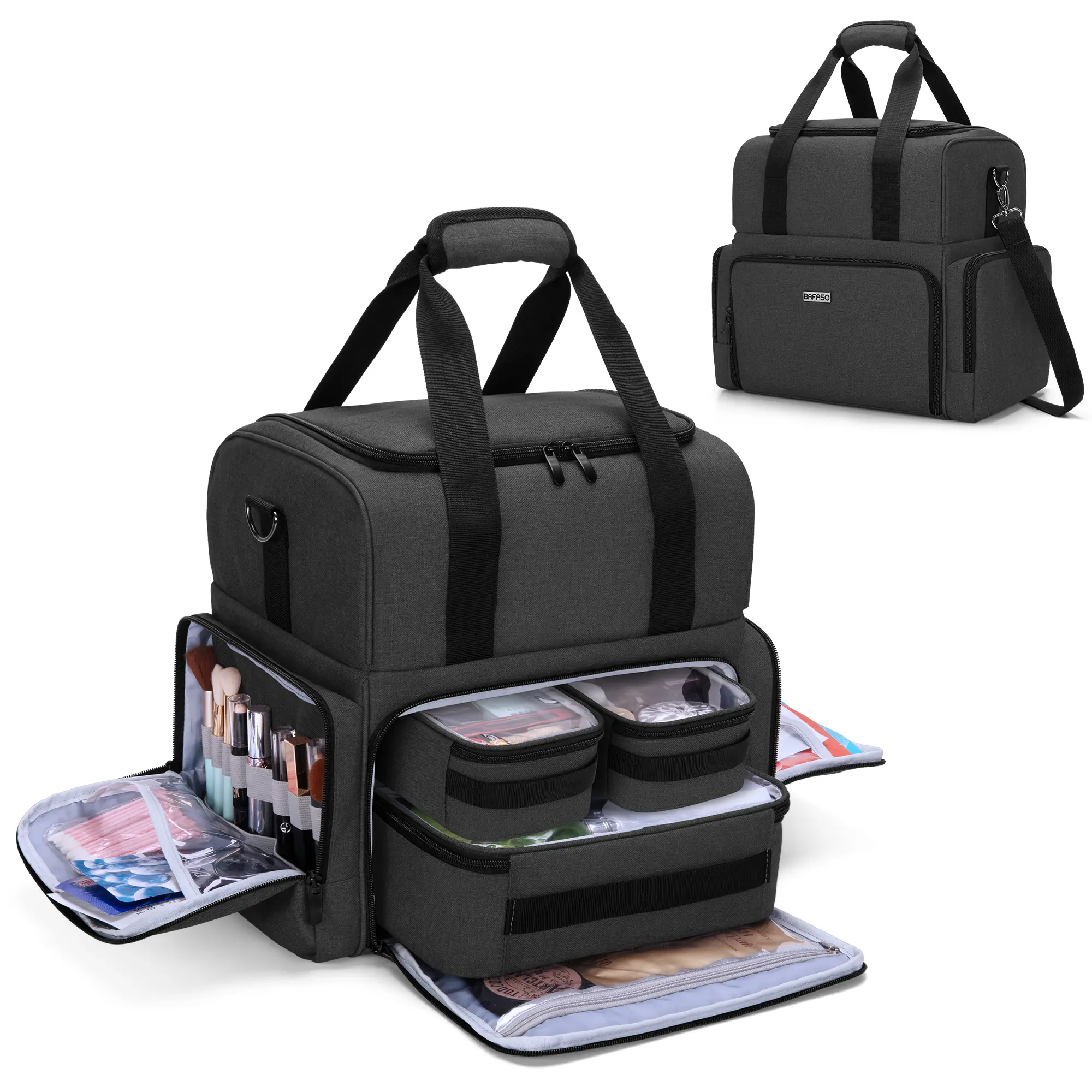 GOTURE Large 2-Layer Makeup Travel Organizer, Professional Nylon Cosmetic Case with 3 Removable Pouches and Detachable Dividers, Vanity Organization, Beauty Storage Solutions, International Travel, Thick Inner Guard, Makeup Organizer Bag, Cosmetic Travel