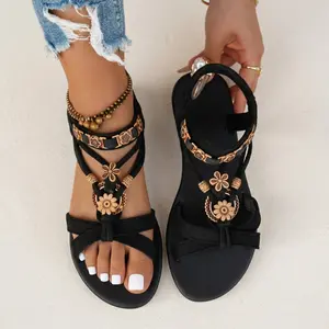 Women's Fashionable Summer Bohemian Trending Sandals, Lightweight Strappy Sandals, Boho Style Black Flat Sandals for Summer Beach Vacation, Versatile Shoes for Women & Girls, Footwear, Casual Trendy Sandals, Ankle Strap Sandal