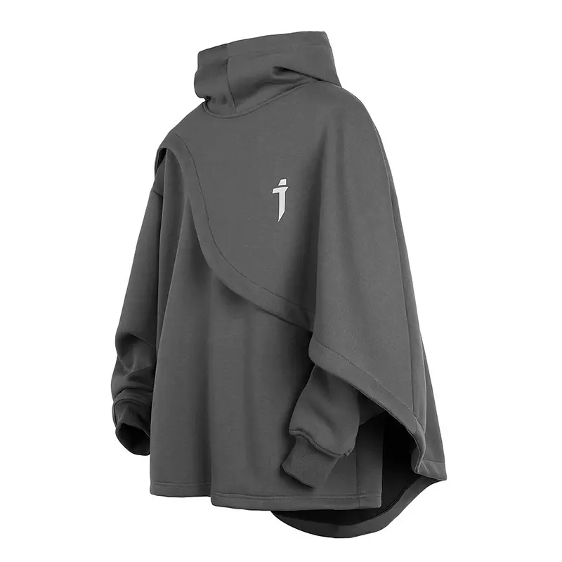 Unisex Heavyweight Fabric Poncho-Style Hooded Sweatshirt, Baggy Loose Fashion Outdoor Long-Sleeve Mock Neck Sports Outerwear