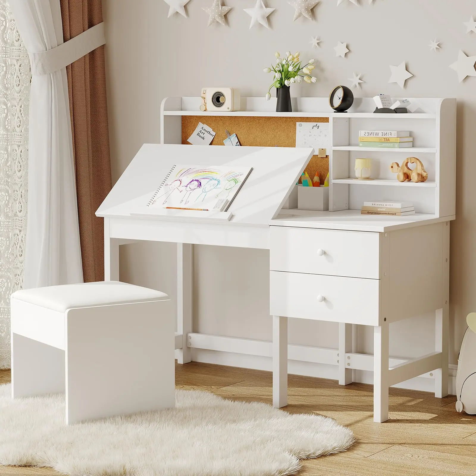 Kids Desk and Chair Set, Wooden Study Table with Adjustable Tilt Desktop, Drawers & Cork Board - Children School Learning Desk Set for Boys & Girls Ages 3-8, White