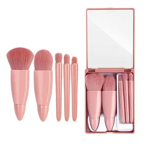 Easy-taken Travel Makeup Brush Set, 5pcs Mini Complete Function Cosmetic Brushes Kit (5pcs with mirror)