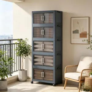 No Assembly Foldable Storage Cabinet Front Opening + Top Opening Double Door With Brake Pulleys Freely Stackable Combine Large Capacity Home Organizer