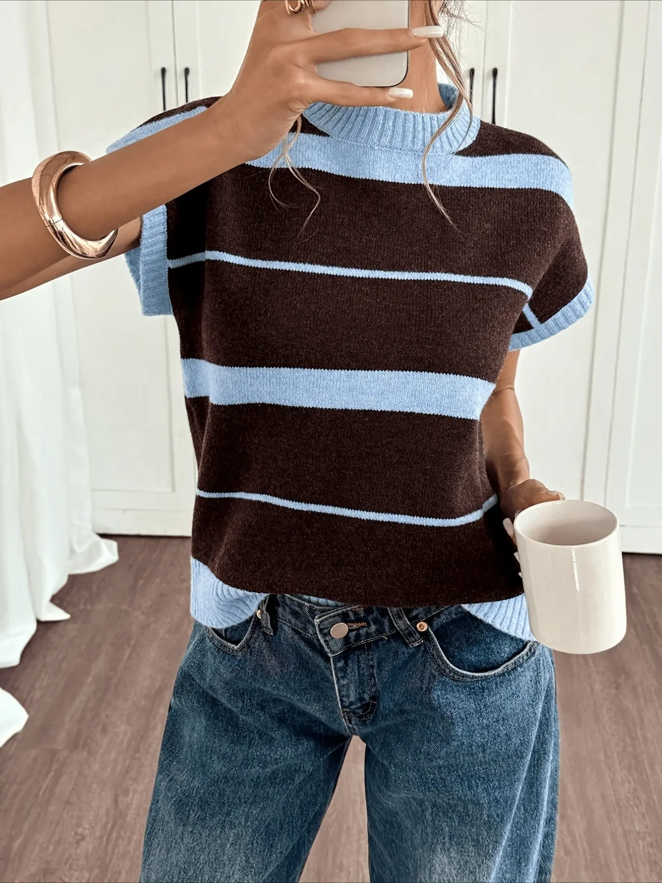 1 piece of regular fit new fashion elegant outdoor women's round-neck striped color-block short-sleeve versatile pullover knitted top, spring, summer, and autumn three-season casual wear, daily essential, commuter plain vest, stylish lazy style