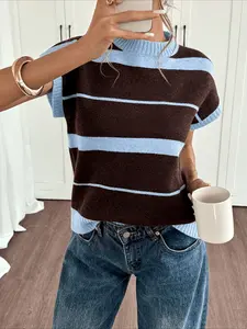 New Elegant Women's Outdoor Vest, Round Neck Colorblock Striped Sleeveless Knit Top, Casual Fitted Jacket for Spring Summer Fall, Womenswear, Lady