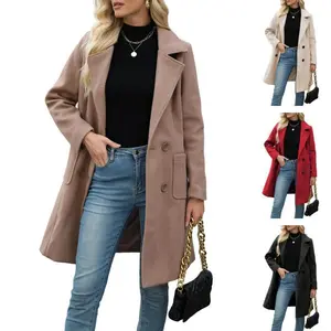 Women’s Wool Blend Winter Coat – Camel Double-Breasted Mid-Length Jacket with Notched Lapels – Classic Warm Trench Coat for Cold Weather, Thick