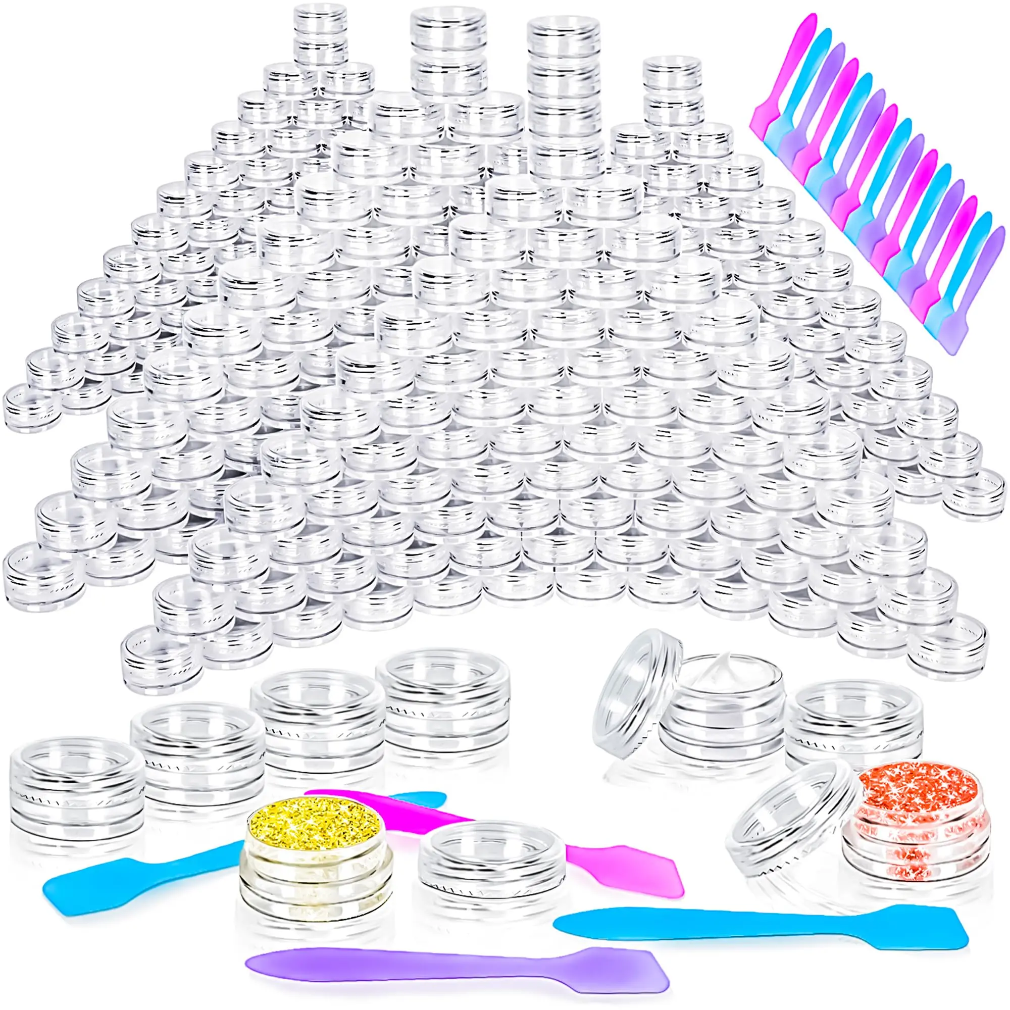100 3g Empty Plastic Containers With Lids Tiny Makeup Sample Small Pot Jars Clear Round 20 Mini Spatulas For Liquid Powder Creams (clear Lid)