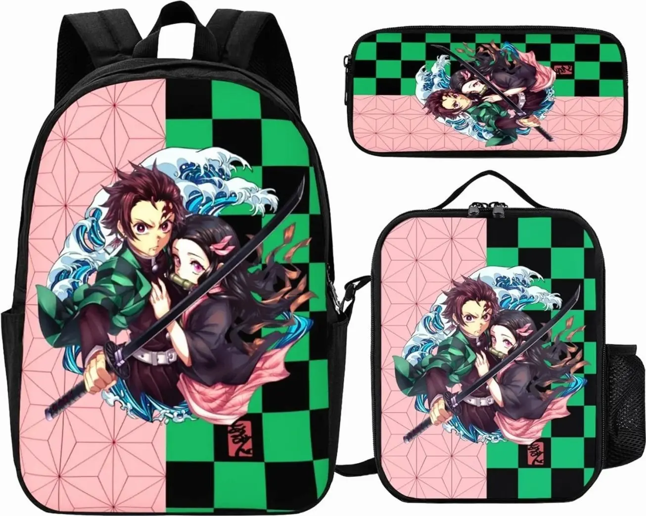 Graphic Cute Japanese Anime Warrior Character Schoolbag Set | 3Pcs Bookbag Insulated Lunch Tote Pencil Pouch | Unique Travel Daypack