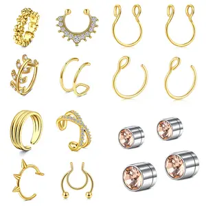 Fake Nose Rings Ear Cuffs Set Stainless Steel Faux Nose Hoops Magnetic Nose Studs Earrings For Halloween Party Black Silvery Golden