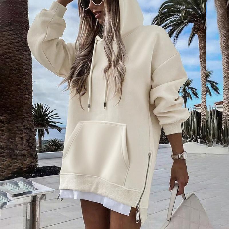 CHICME Long Sleeve Pocket Design Pullover Sweatshirt Casual Faux Two Piece Longline Drawstring Hooded Top