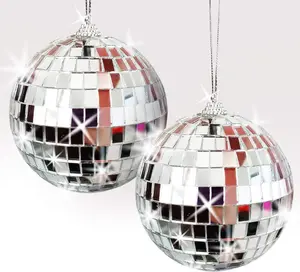 4" Mirror Disco Ball, Set of 2, Silver Disco Balls with Hanging String for Parties, Birthdays, & Weddings, 90’s Disco Party Decorations and Supplies, Ceiling Décor Disco Accessories