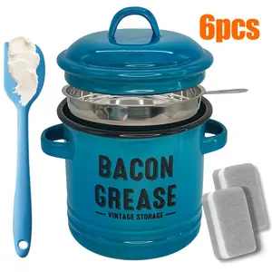 46oz Enamel Oil Keeper - Food-Grade Kitchen Strainer Dispenser with Filter, Tray, Lid, Silicone Spatula, Rustic Farmhouse Stainless Steel Oil Drain Container