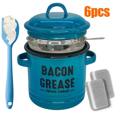 46oz Food-Grade Enamel Round Bacon Grease Oil Dispenser - Retro Rustic Farmhouse Kitchenware, Filter-Type Stainless Steel Container with Strainer, Tray, Lid, Food-Grade Silicone Spatula,familyfun