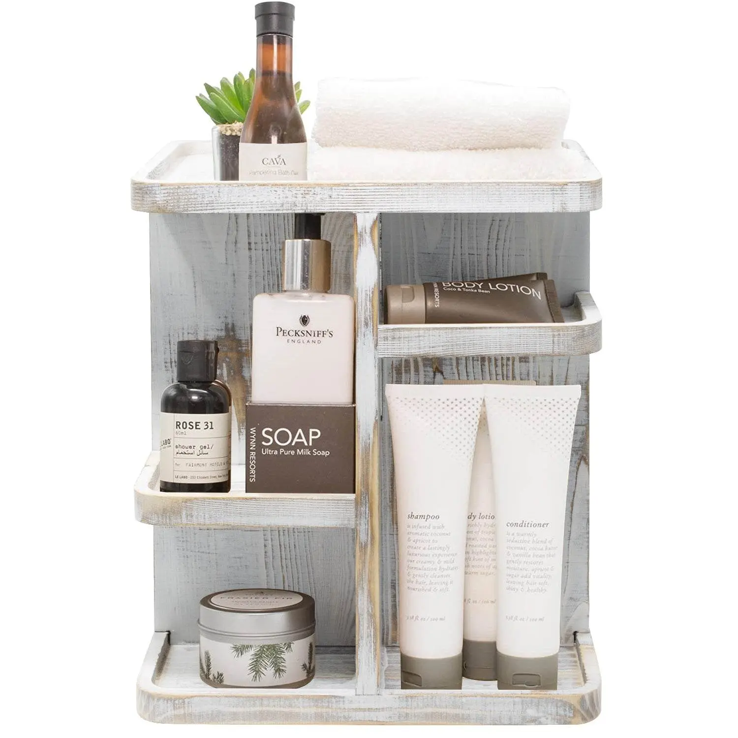 Rustic Wood 360° Rotatable Countertop Organizer - Desktop Bins, Makeup Racks for Toiletries Storage