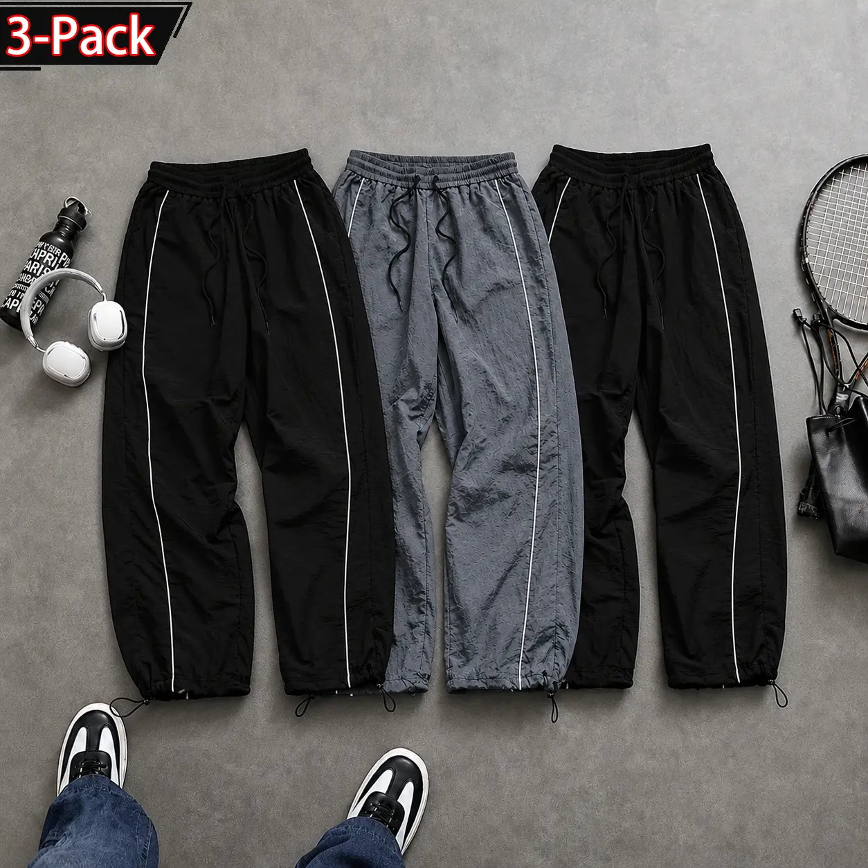 Men’s striped parachute pants set (1/2/3 pieces): waist drawstring, cone design; lightweight summer casual jogging pants; quick-dry elastic waistband; street-style Y2K breathable athletic long pants; adjustable drawstring cuffs; thin summer activewear for