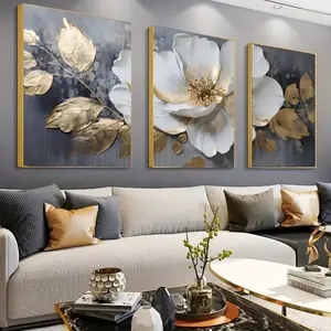 3pcs Modern Abstract Floral Wall Art with Wooden Frame, Silver Color HD Decorative Paintings Art Wall Decoration Modern Abstract Design for Living Room Bedroom Study