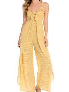 Women's Yellow Striped Tie-Front Jumpsuit – Wide Leg Sleeveless Resort One-Piece